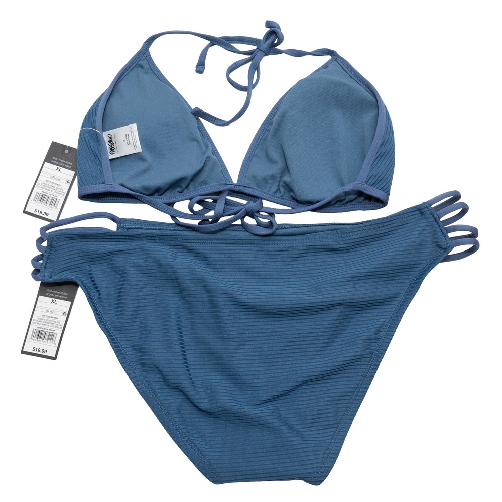 Mossimo Bikini Set Women XL Blue NEW Ribbed Triangle Top Hipster Strappy 2 Piece - Picture 2 of 6